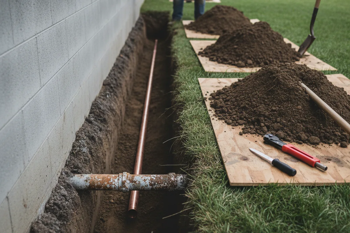 Excavated water line trench during Water Softener Installation in Gold Canyon